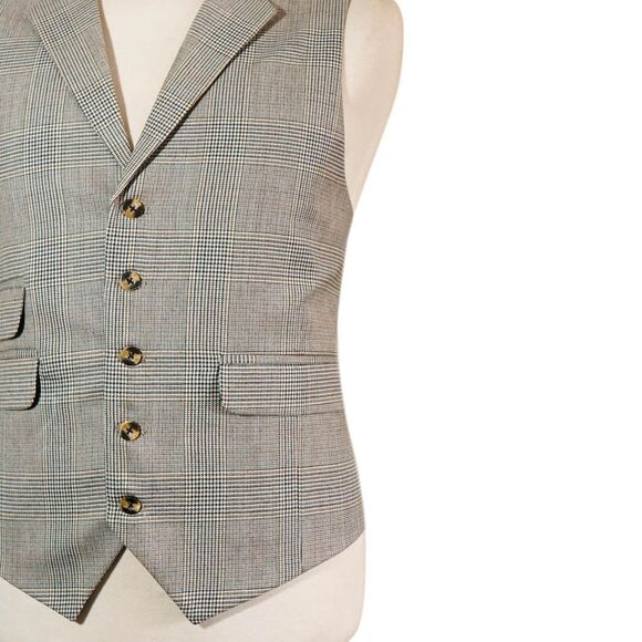 Mens 46R Wool Glen Plaid Vest Beige Green Waistcoat Formal Wedding Party Classic - Picture 5 of 8